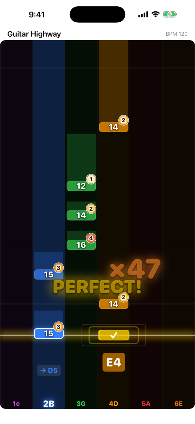 Highway gameplay — the original theme Guitar Highway with a PERFECT combo